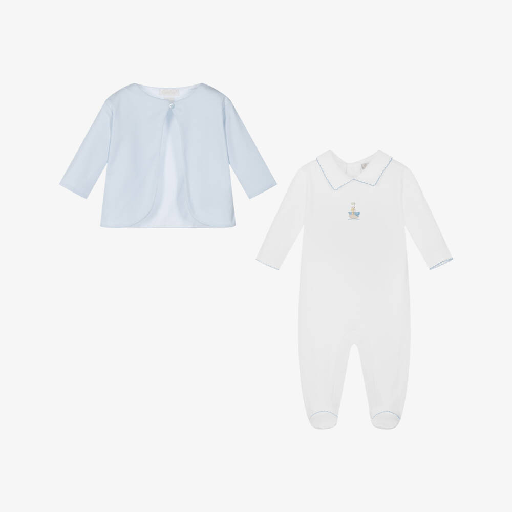 Kissy Kissy-Boys White & Blue Pima Cotton Noah's Ark Babysuit Set  | Childrensalon