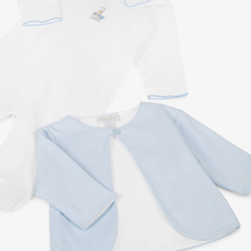 Kissy Kissy-Boys White & Blue Pima Cotton Noah's Ark Babysuit Set  | Childrensalon