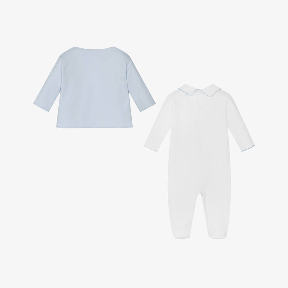 Kissy Kissy-Boys White & Blue Pima Cotton Noah's Ark Babysuit Set  | Childrensalon