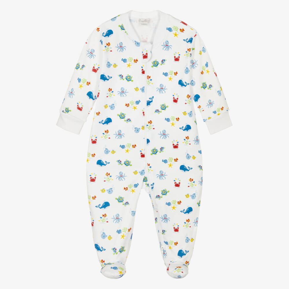 Kissy Kissy-Boys White & Blue Pima Cotton Ocean Antics Babygrow | Childrensalon