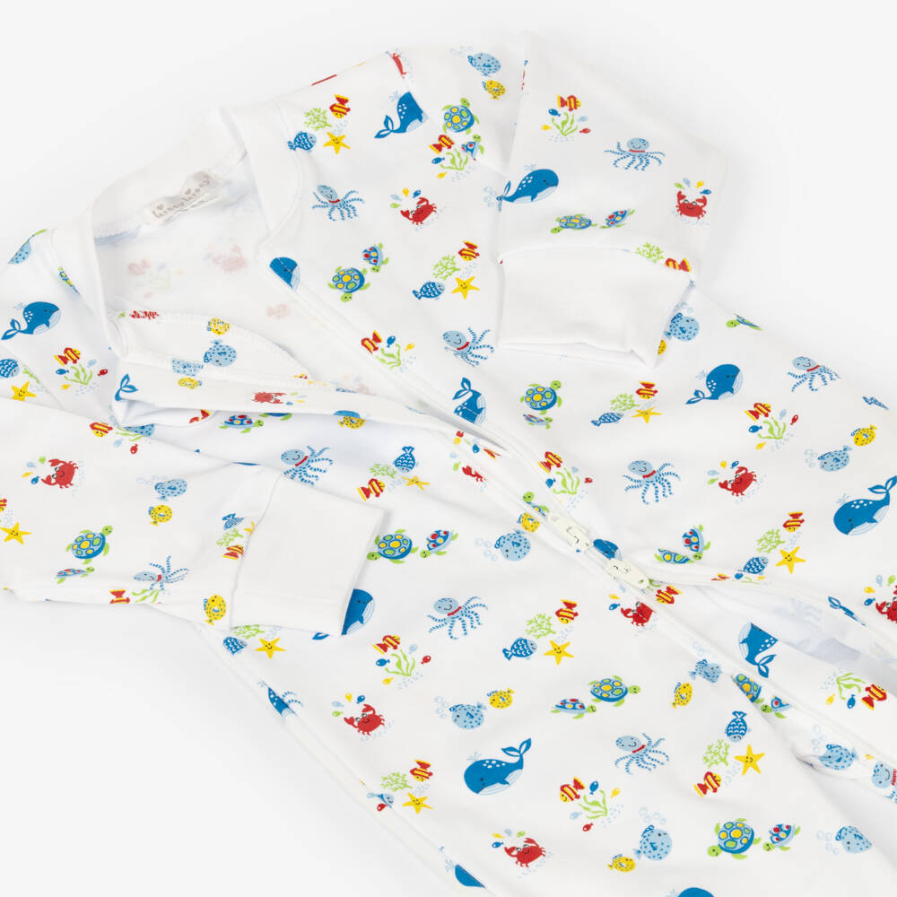 Kissy Kissy-Boys White & Blue Pima Cotton Ocean Antics Babygrow | Childrensalon