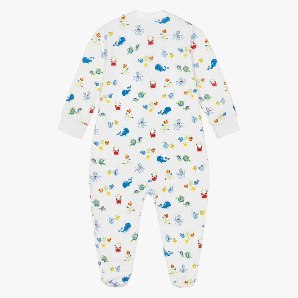 Kissy Kissy-Boys White & Blue Pima Cotton Ocean Antics Babygrow | Childrensalon