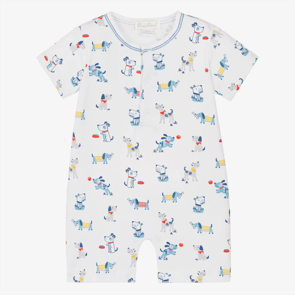 Kissy Kissy-Boys White & Blue Pima Cotton Puppy Patch Shortie | Childrensalon