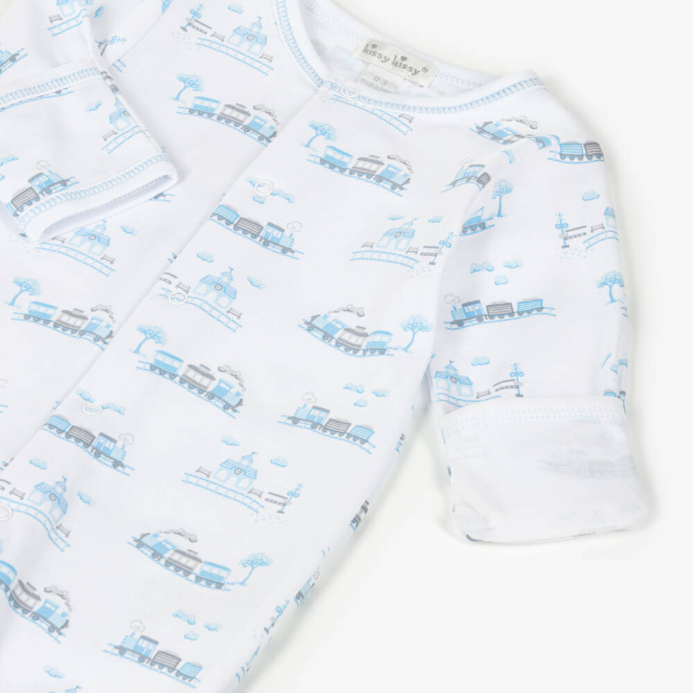 Kissy Kissy-Boys White & Blue Pima Cotton Roundabout Railroad Babygrow | Childrensalon