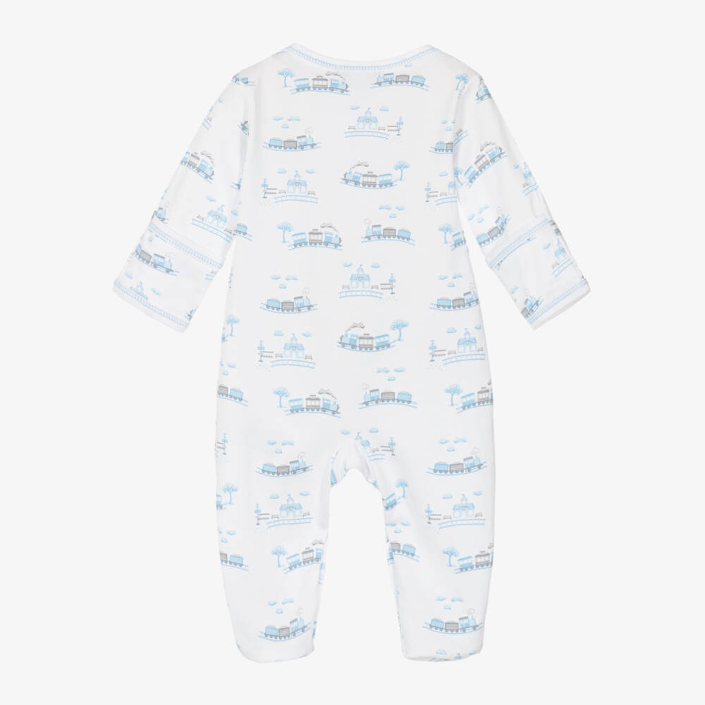 Kissy Kissy-Boys White & Blue Pima Cotton Roundabout Railroad Babygrow | Childrensalon