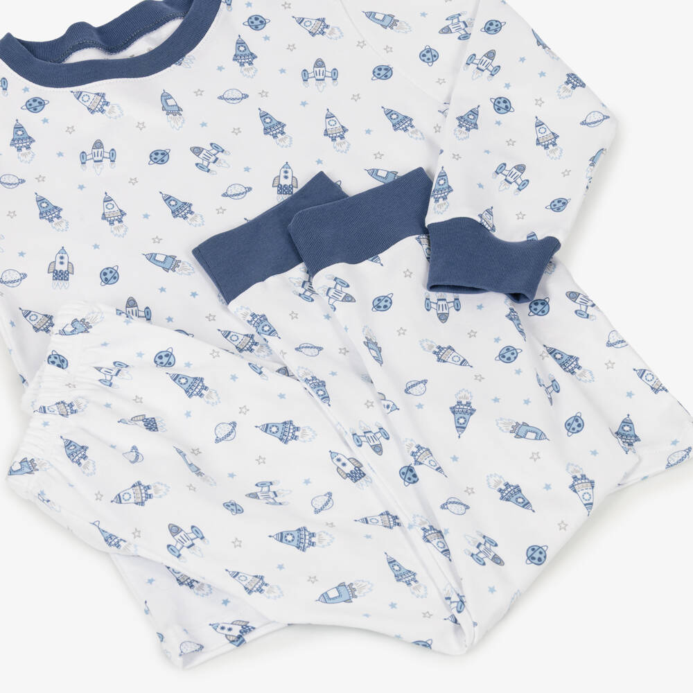 Kissy Kissy-Boys White & Blue Pima Cotton Space Race Pyjamas | Childrensalon