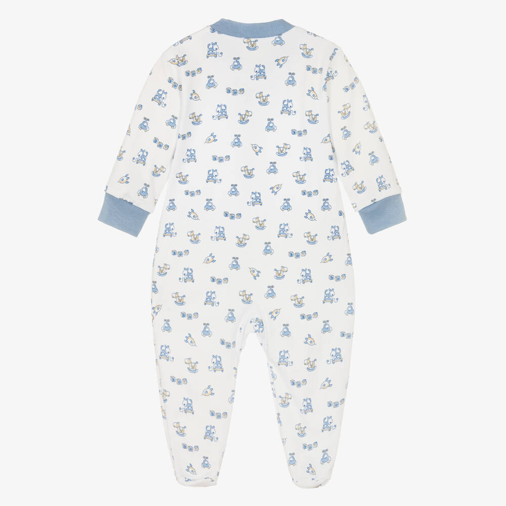 Kissy Kissy-Boys White & Blue Pima Cotton Vintage Toy Fun Babygrow | Childrensalon