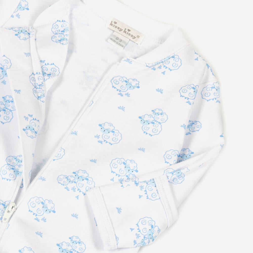 Kissy Kissy-Boys White & Blue Sweet Sheep Pima Cotton Babygrow | Childrensalon