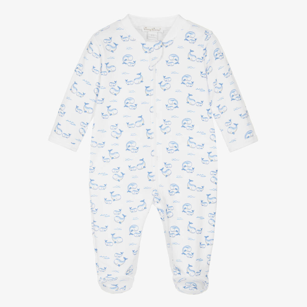 Kissy Kissy-Boys White & Pale Blue Whale Pods Pima Cotton Babygrow | Childrensalon