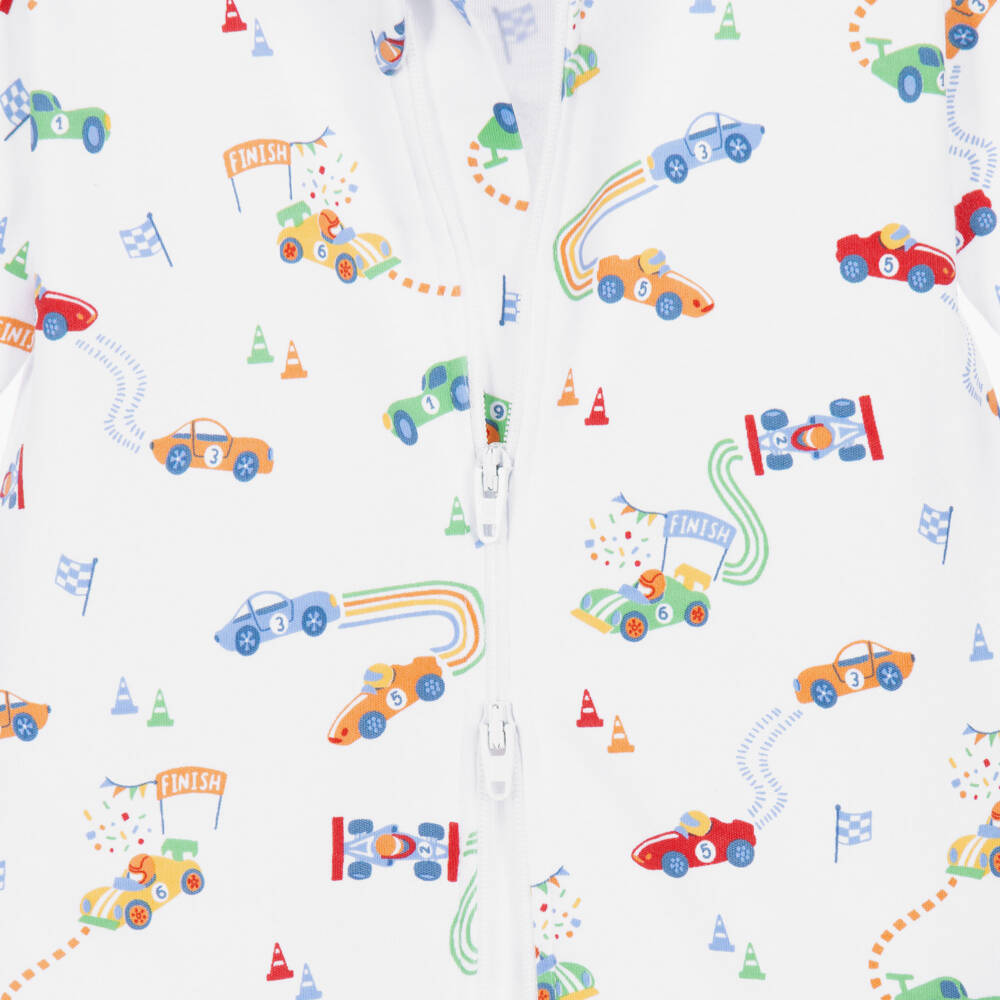 Kissy Kissy-Boys White Pima Cotton Gran Prix Raceway Babygrow | Childrensalon