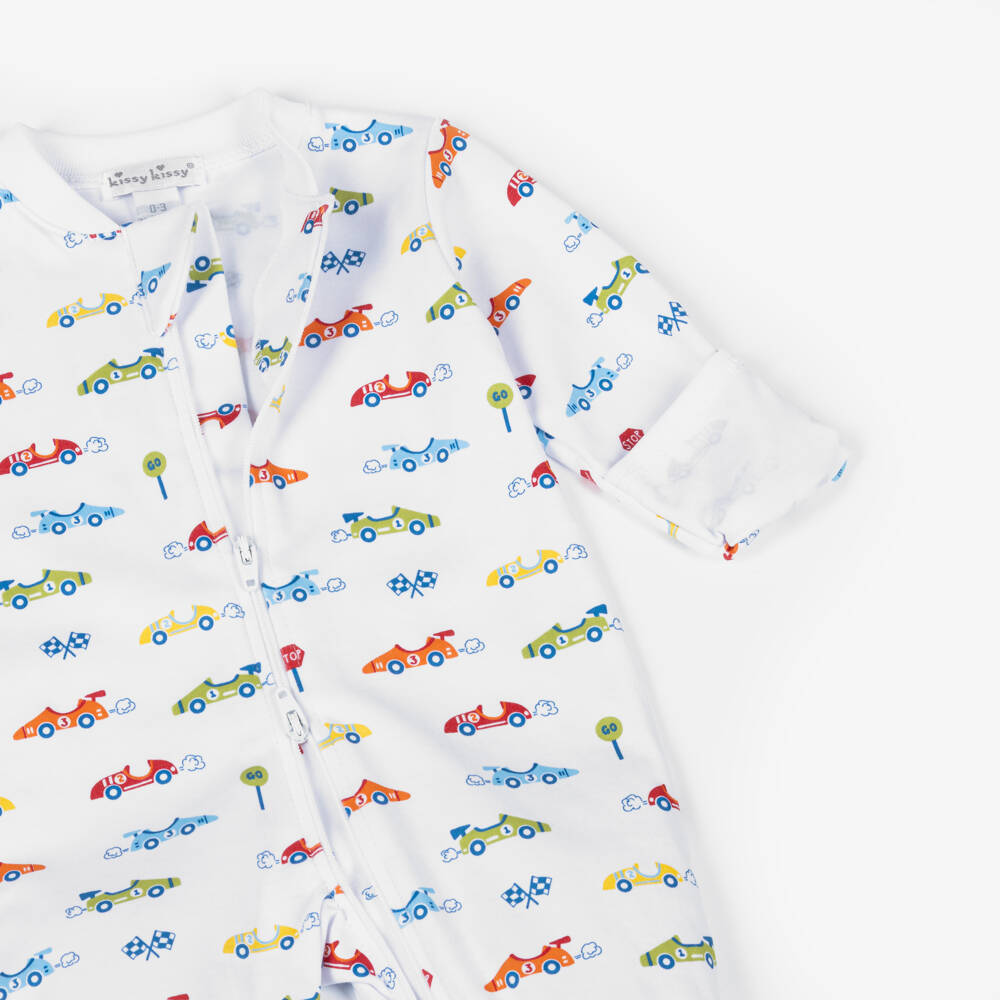 Kissy Kissy-Boys White Sizzling Speedway Pima Cotton Babygrow | Childrensalon