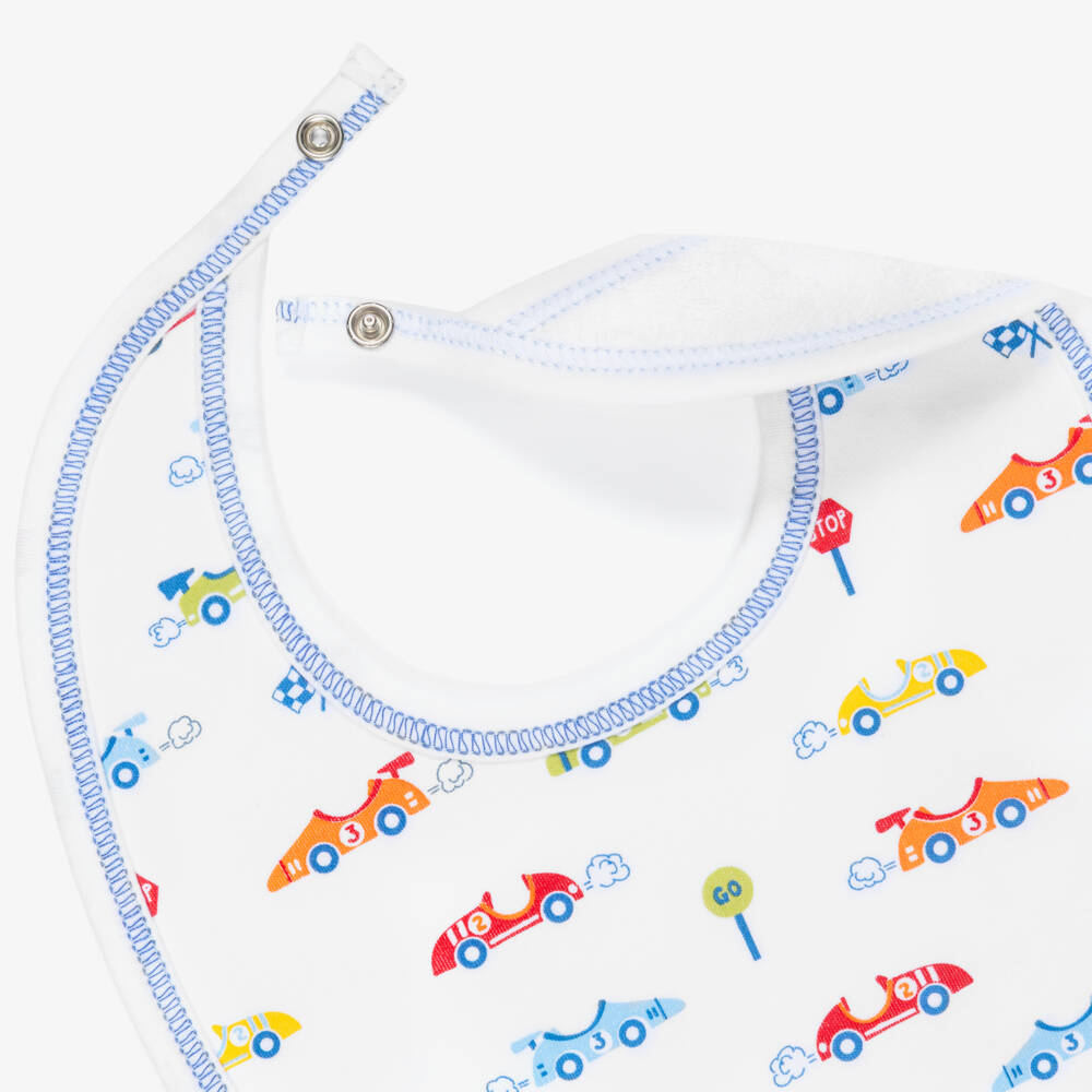 Kissy Kissy- Boys White Sizzling Speedway Pima Cotton Bib with Car Print | Childrensalon
