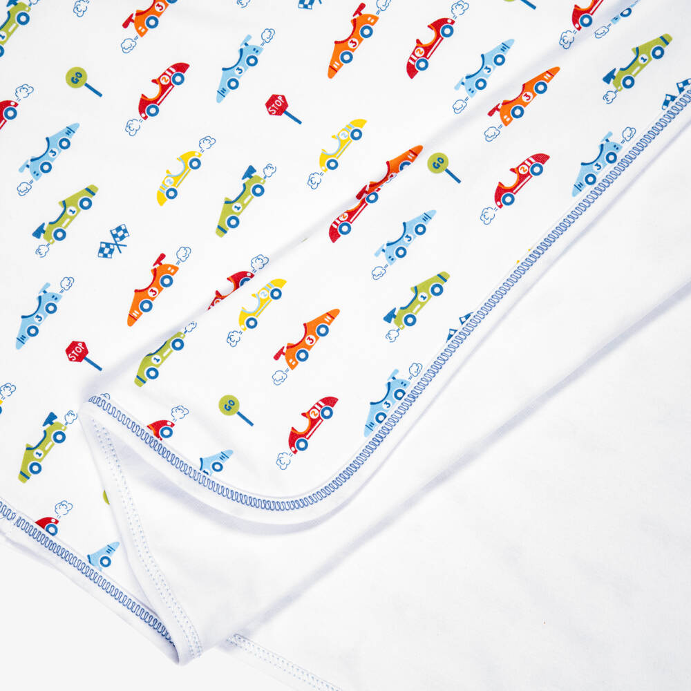Kissy Kissy- Boys White Sizzling Speedway Pima Cotton Blanket (73cm) | Childrensalon