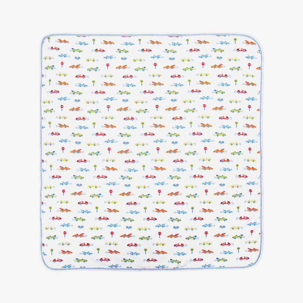 Kissy Kissy- Boys White Sizzling Speedway Pima Cotton Blanket (73cm) | Childrensalon
