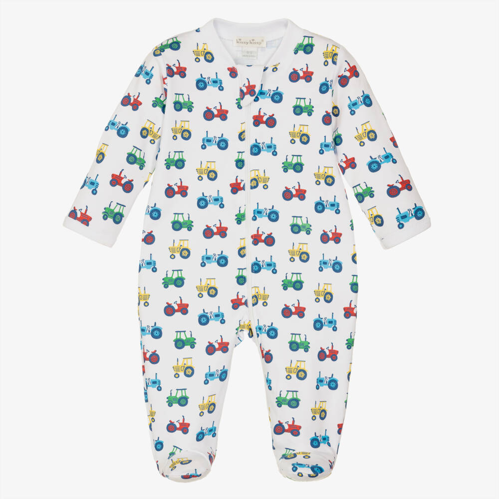 Kissy Kissy-Boys White Trusty Tractor Zip-Up Babygrow | Childrensalon