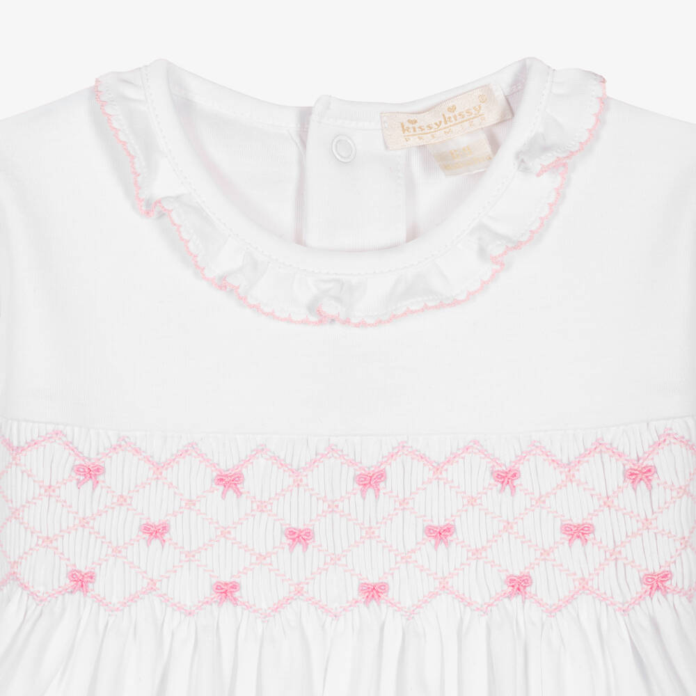 Kissy Kissy-Girl White Pima Cotton Hand-Smocked Babygrow | Childrensalon
