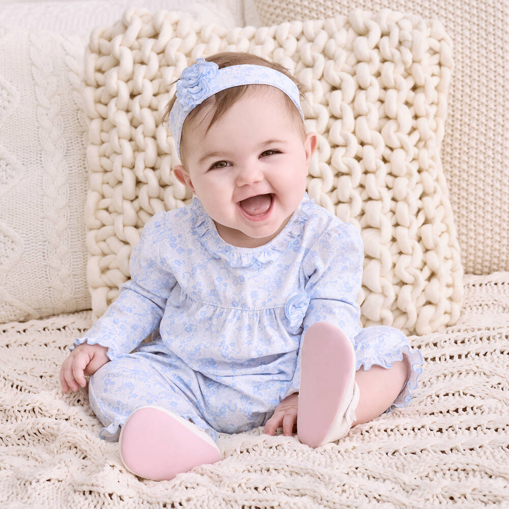 Kissy Kissy-Girls Blue Floral Pima Cotton Babygrow | Childrensalon