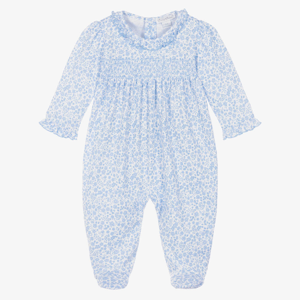 Kissy Kissy-Girls Blue Pima Cotton Fall Blooms Babygrow | Childrensalon