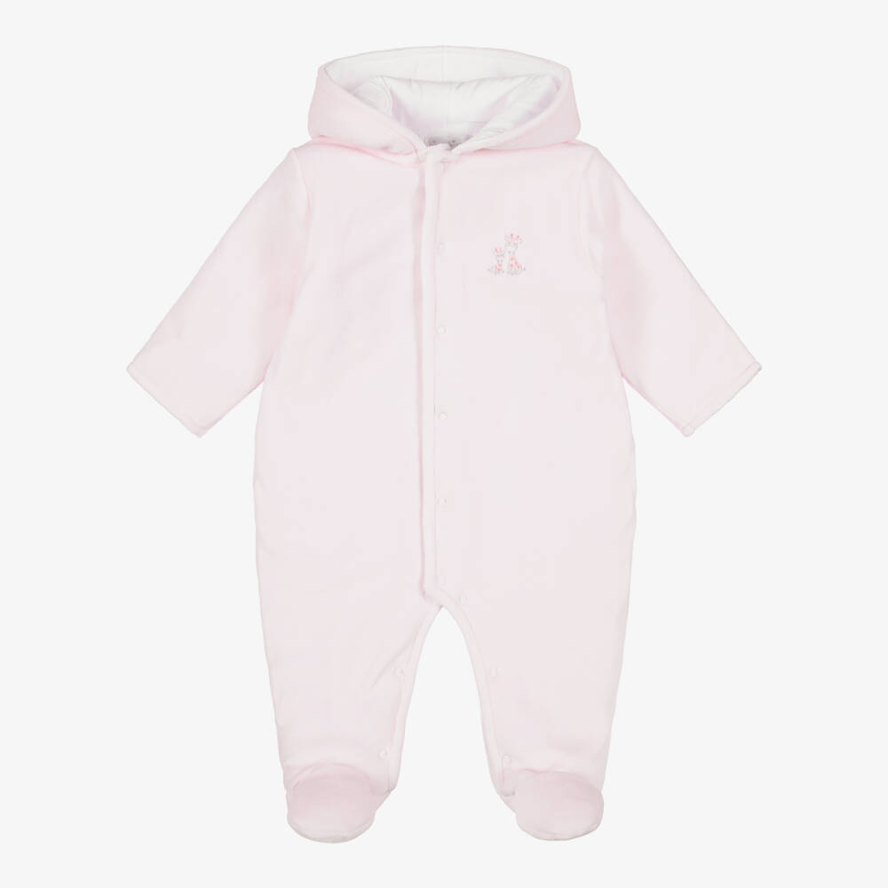 Kissy Kissy-Girls Pale Pink Velour Just Giraffes Pramsuit | Childrensalon