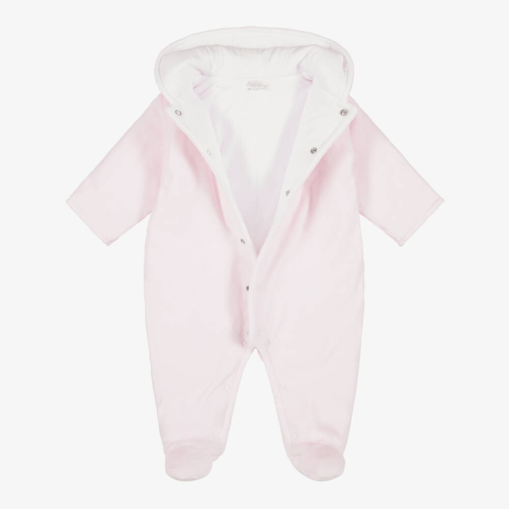 Kissy Kissy-Girls Pale Pink Velour Just Giraffes Pramsuit | Childrensalon