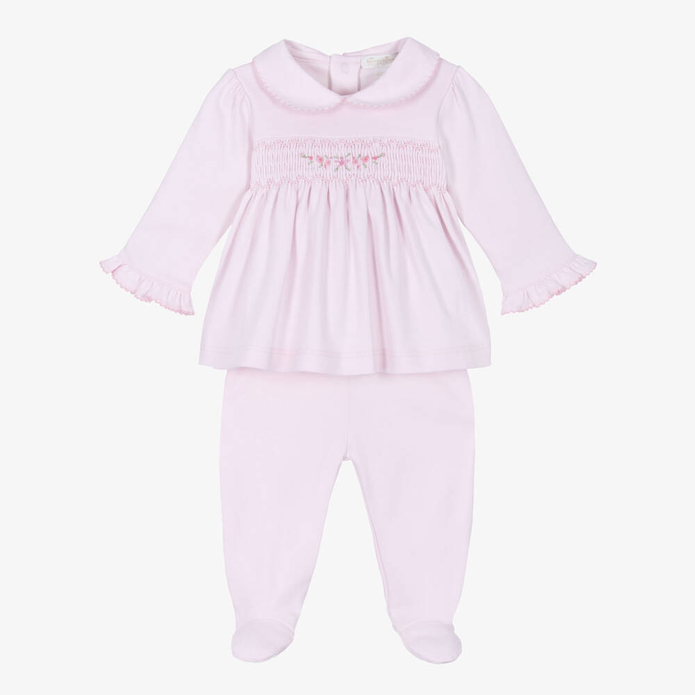 Kissy Kissy-Girls Pink Pima Cotton Hand-Smocked 2 Piece Babygrow  | Childrensalon