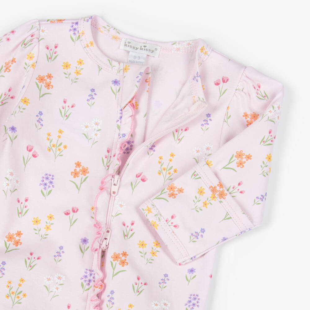 Kissy Kissy-Girls Pink Pima Cotton Summer Wildflowers Zip Babygrow | Childrensalon