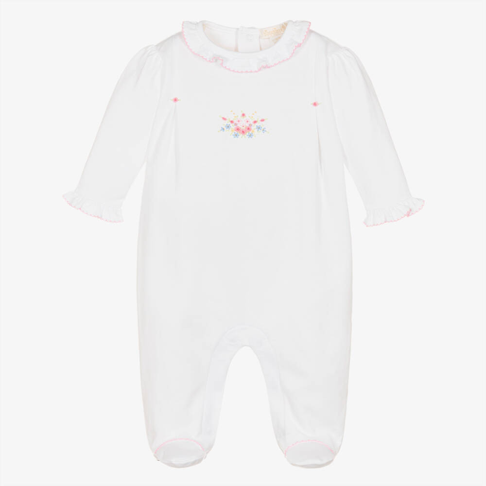 Kissy Kissy-Girls White Embroidered Pastel Gardens Pima Cotton Babygrow | Childrensalon