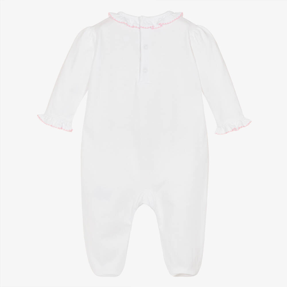 Kissy Kissy-Girls White Embroidered Pastel Gardens Pima Cotton Babygrow | Childrensalon
