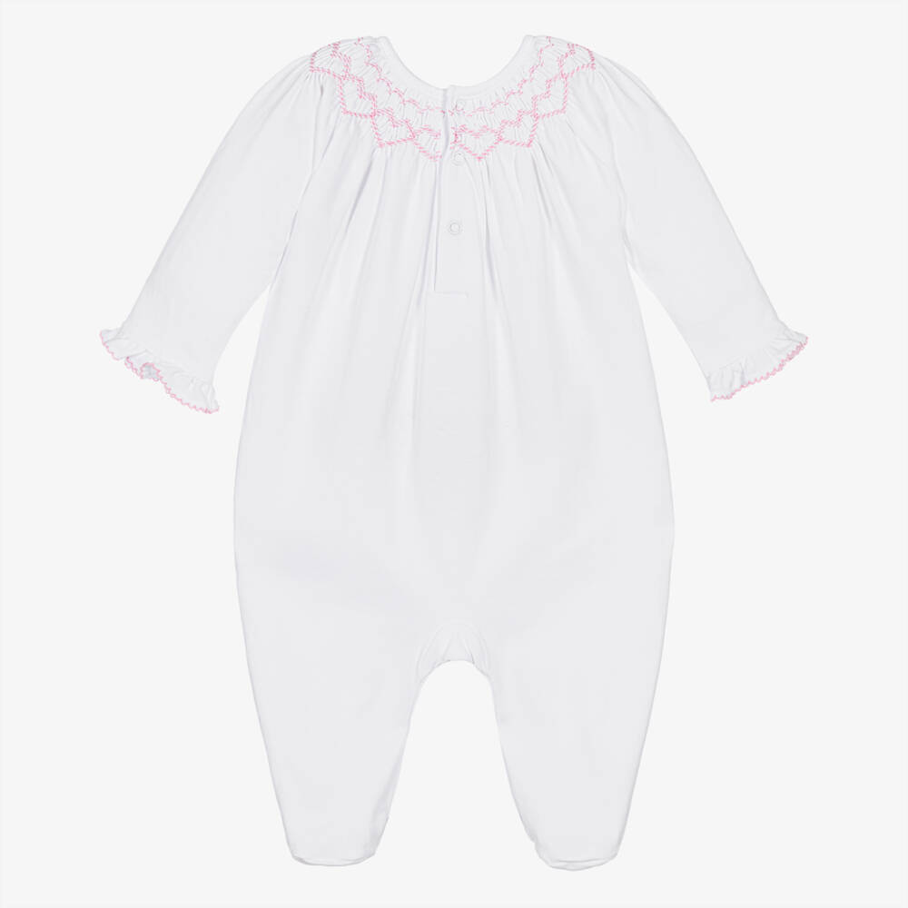 Kissy Kissy-Girls White Pima Cotton Hand-Smocked Babygrow  | Childrensalon