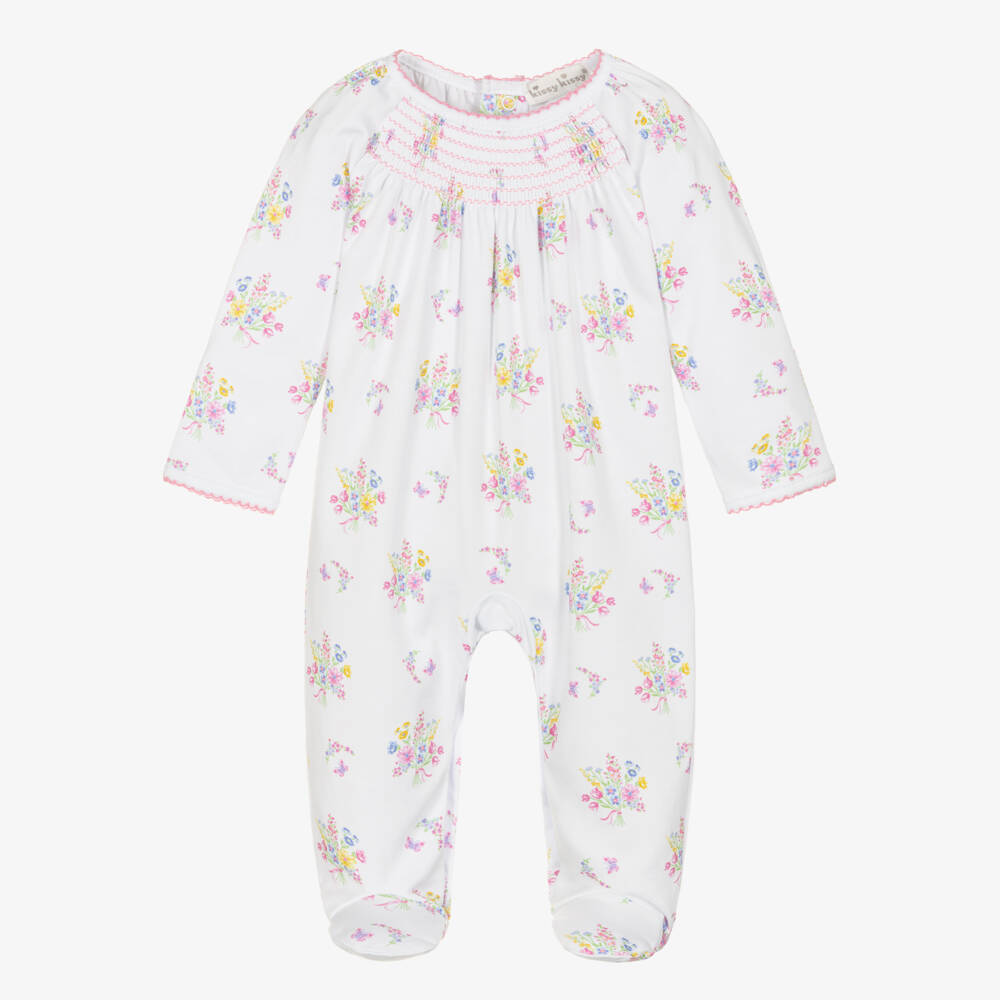 Kissy Kissy-Girls White Pima Cotton Pastel Gardens Smocked Babygrow | Childrensalon