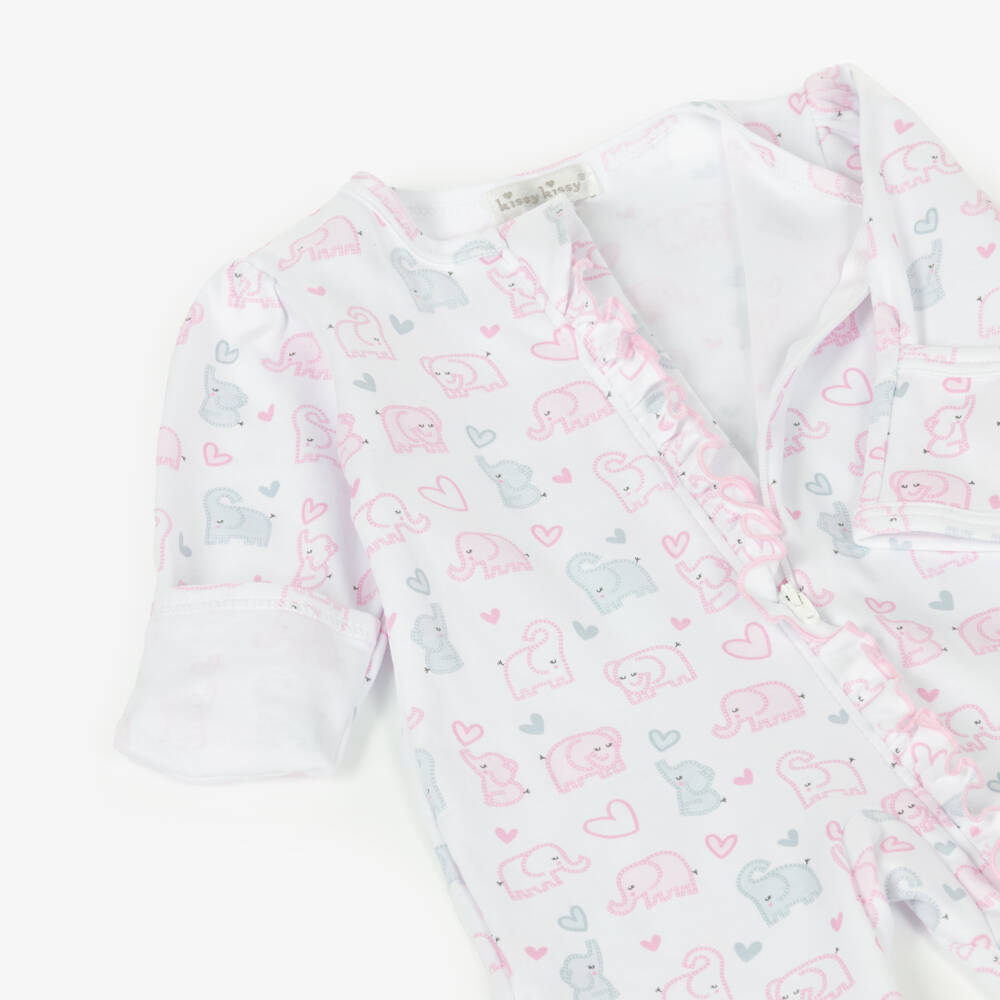 Kissy Kissy-Girls White & Pink Baby Elephant Hearts Pima Cotton Babygrow | Childrensalon