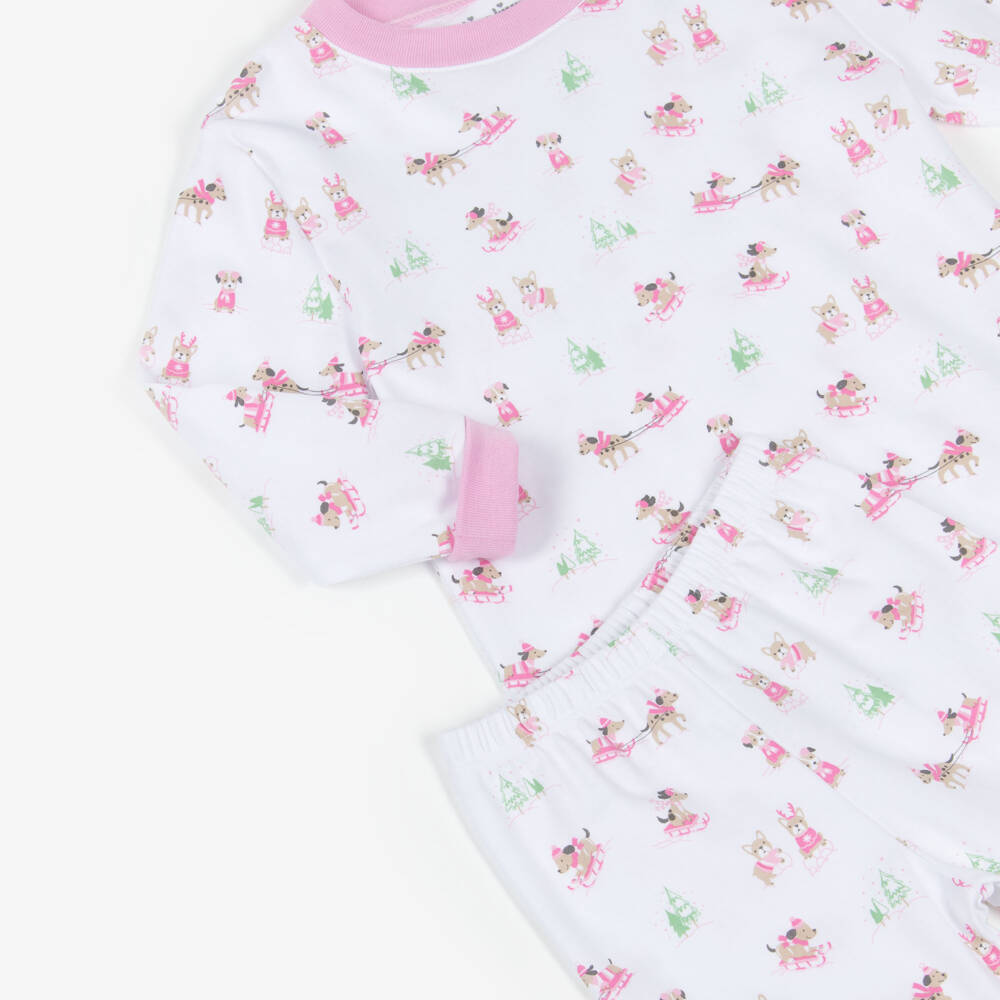 Kissy Kissy-Girls White & Pink Cotton Puppy's Sleigh Riding Fun Pyjamas  | Childrensalon