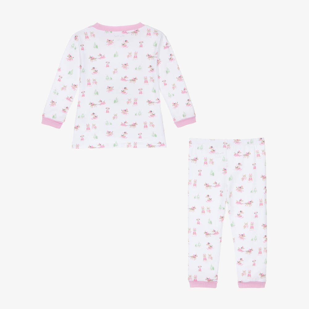 Kissy Kissy-Girls White & Pink Cotton Puppy's Sleigh Riding Fun Pyjamas  | Childrensalon