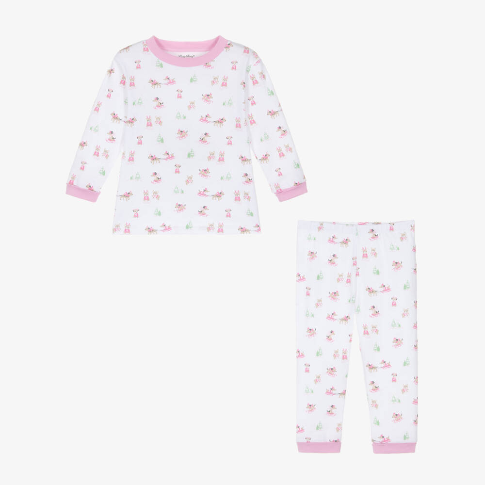 Kissy Kissy-Girls White & Pink Cotton Puppy's Sleigh Riding Fun Pyjamas  | Childrensalon