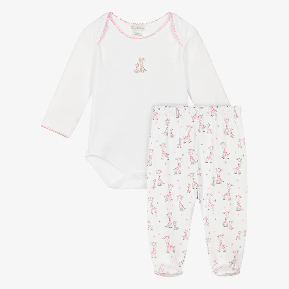Kissy Kissy-Girls White & Pink Just Giraffes Cotton Babysuit Set | Childrensalon