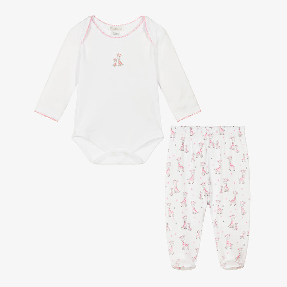 Kissy Kissy-Girls White & Pink Just Giraffes Cotton Babysuit Set | Childrensalon