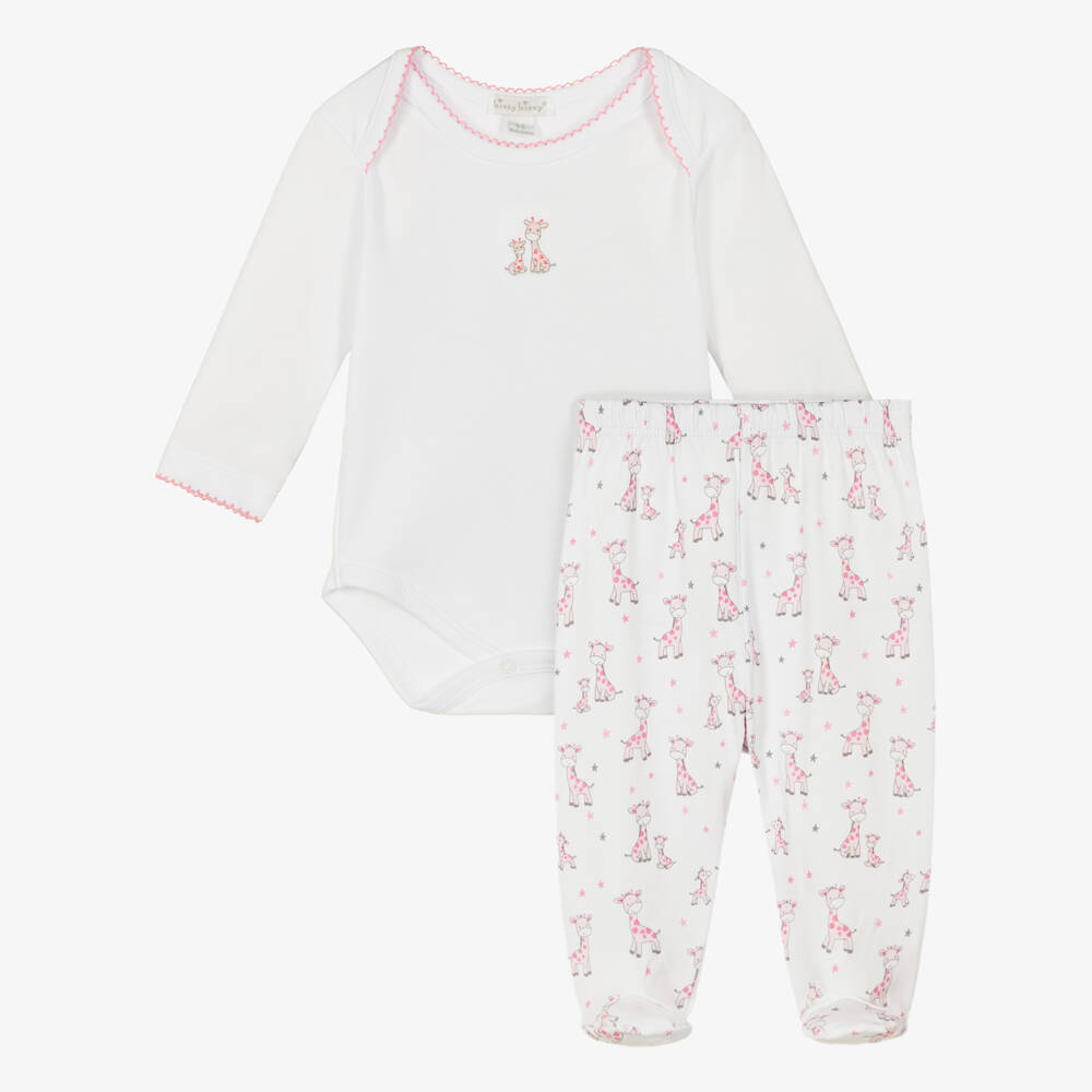 Kissy Kissy-Girls White & Pink Just Giraffes Cotton Babysuit Set | Childrensalon