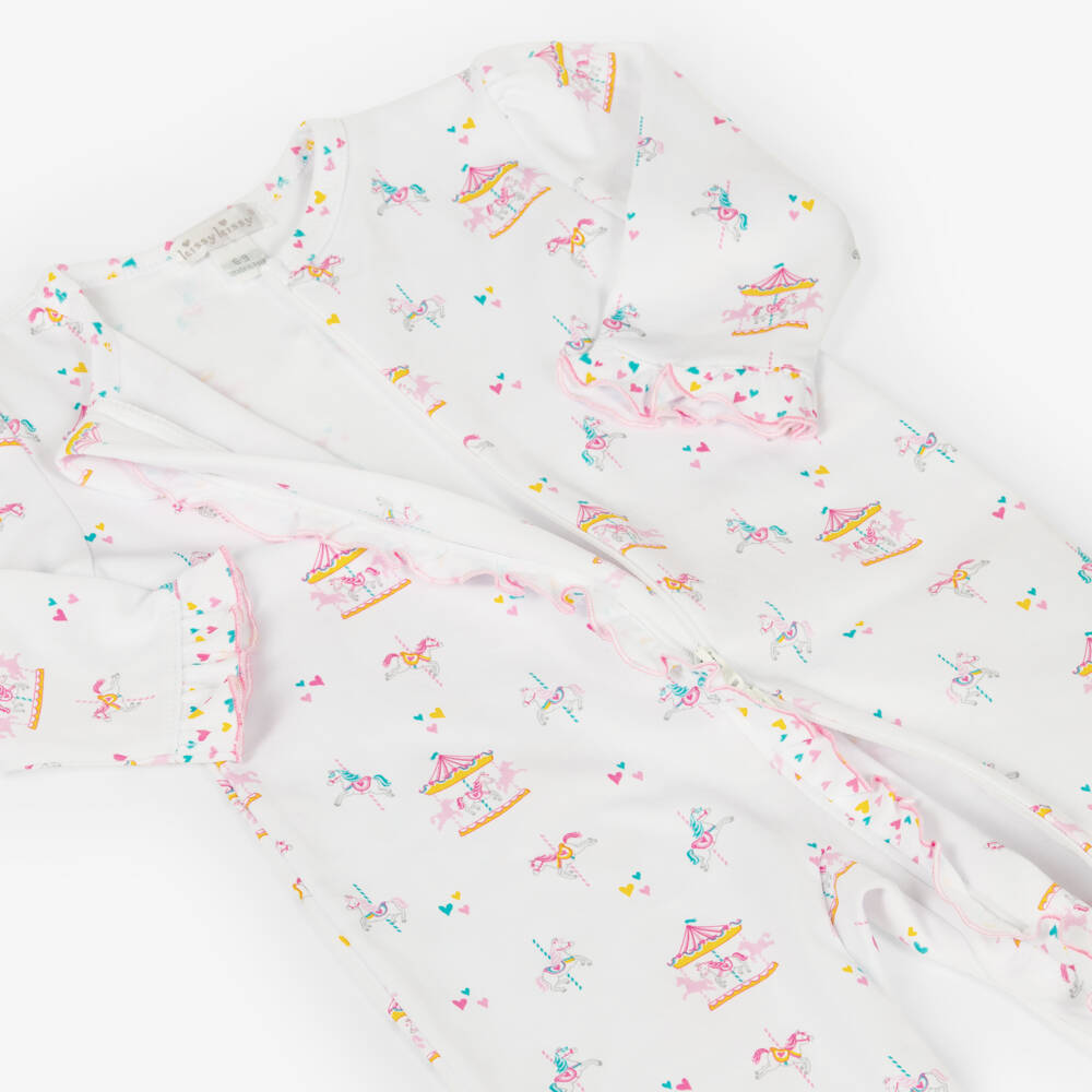 Kissy Kissy-Girls White & Pink Pima Cotton Carousel Magic Babygrow | Childrensalon