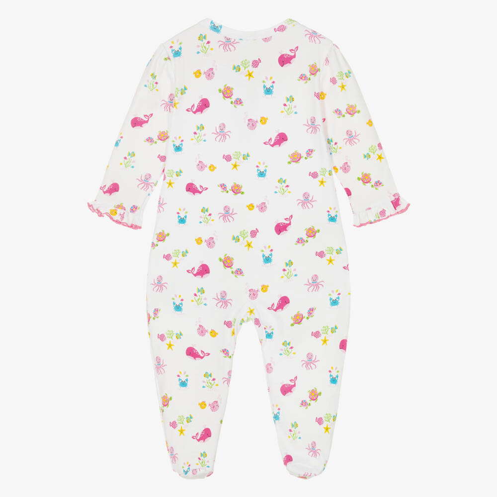Kissy Kissy-Girls White & Pink Pima Cotton Ocean Antics Babygrow | Childrensalon