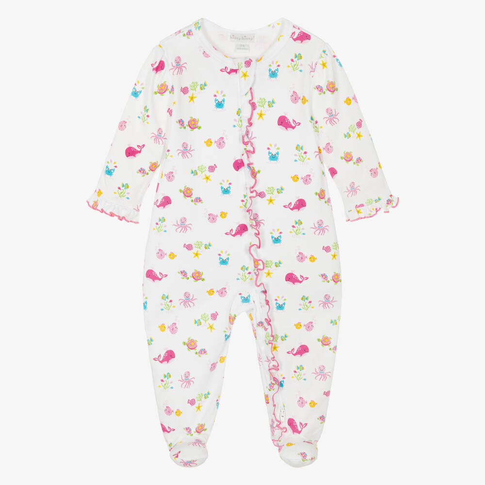 Kissy Kissy-Girls White & Pink Pima Cotton Ocean Antics Babygrow | Childrensalon