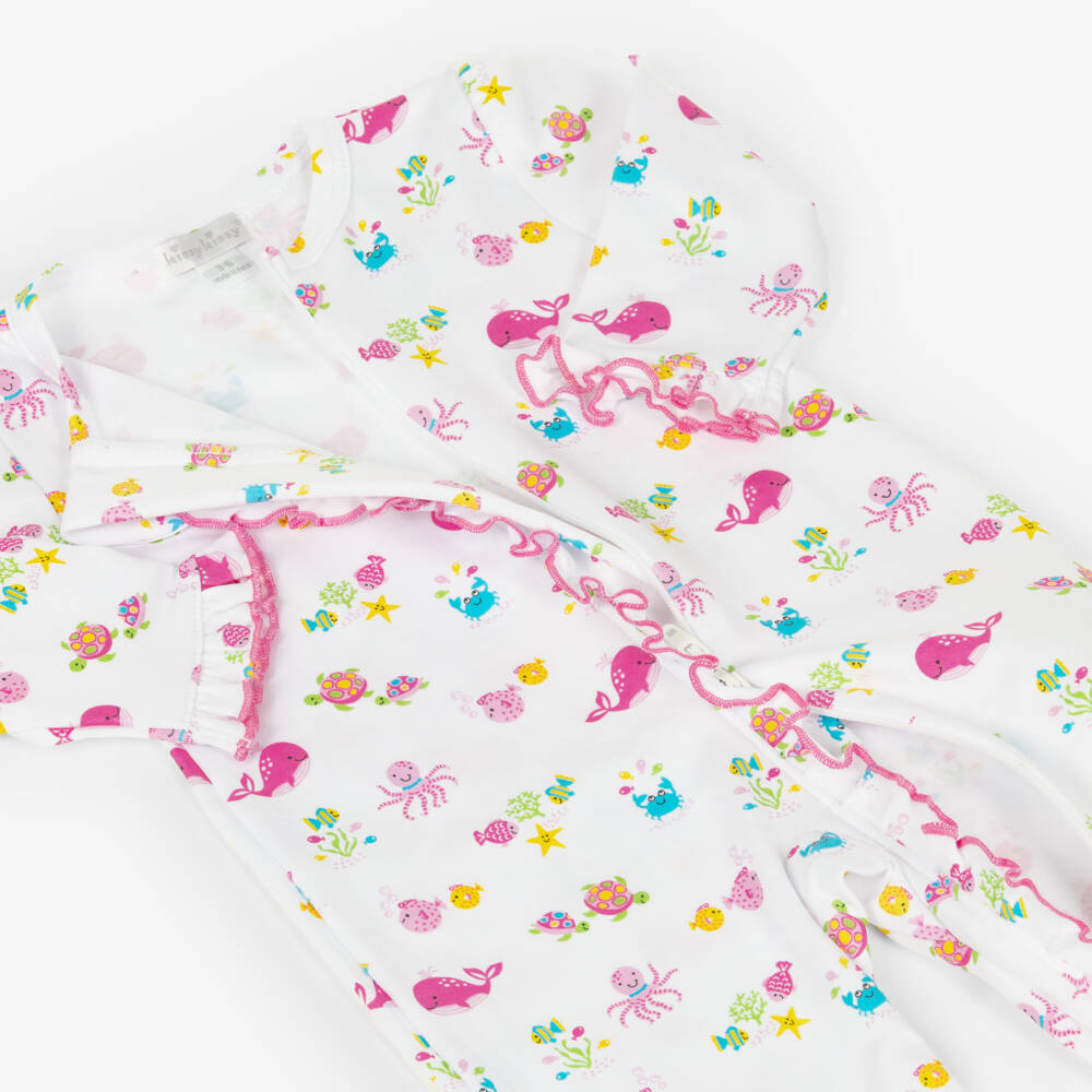 Kissy Kissy-Girls White & Pink Pima Cotton Ocean Antics Babygrow | Childrensalon
