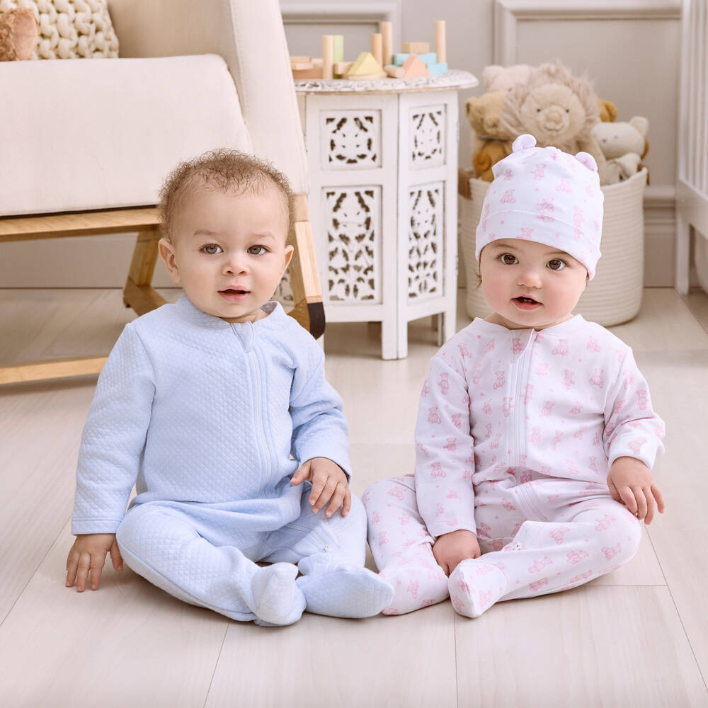 Kissy Kissy-Girls White & Pink Pima Cotton Teddy Bear Time Babysuit Set | Childrensalon
