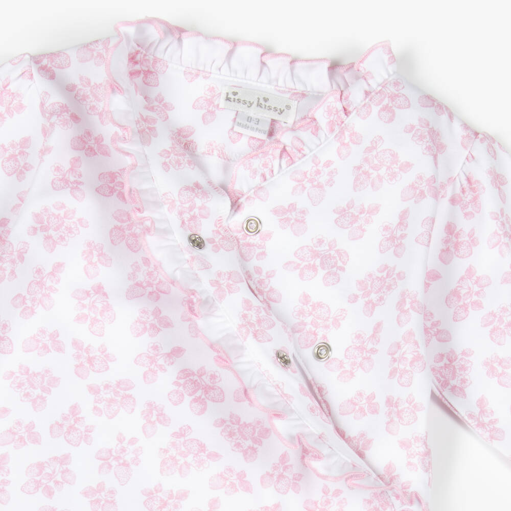 Kissy Kissy-Girls White & Pink Simply Strawberries Print Pima Cotton Babygrow | Childrensalon