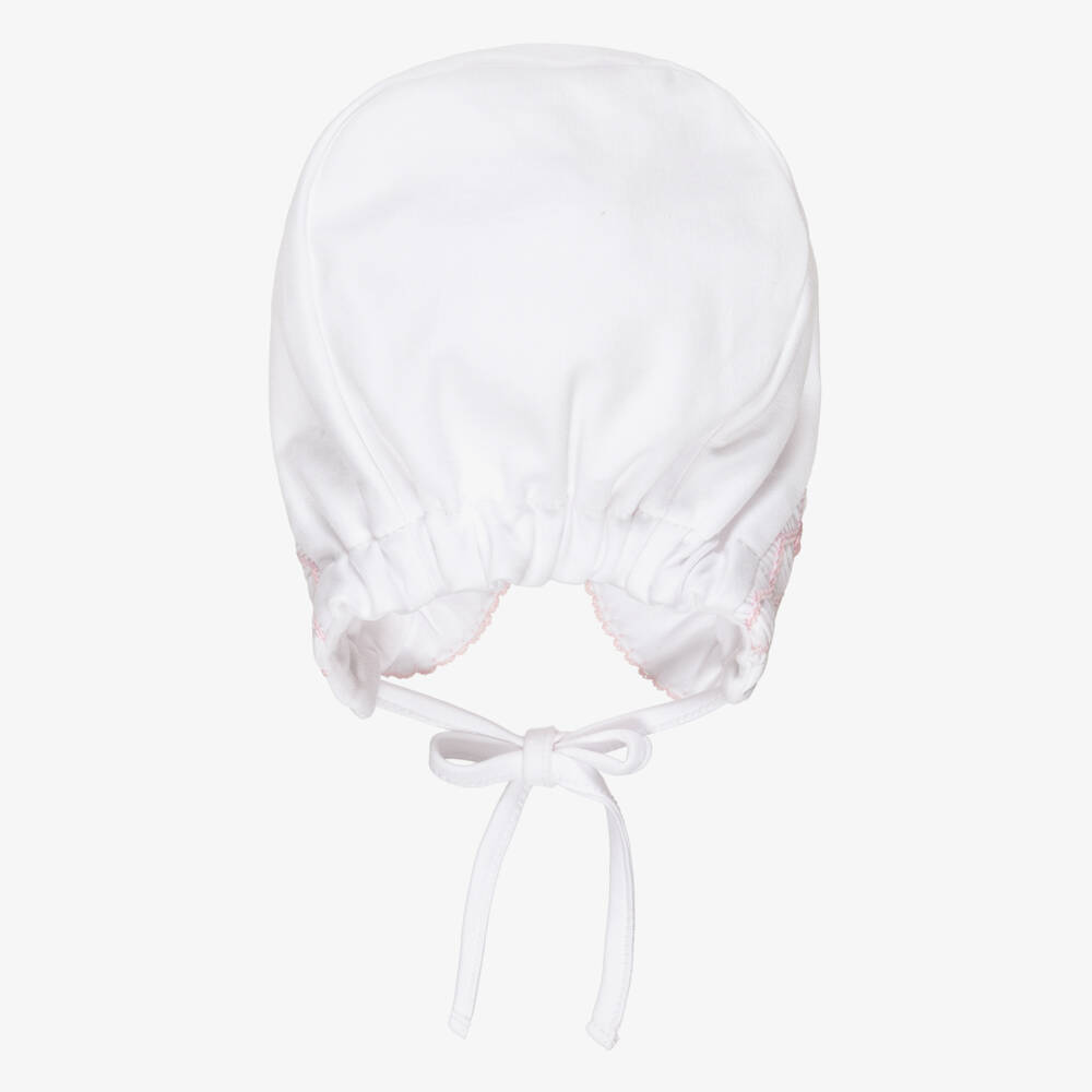 Kissy Kissy-Girls White Smocked Pima Cotton Bonnet with Pink Embroidery | Childrensalon