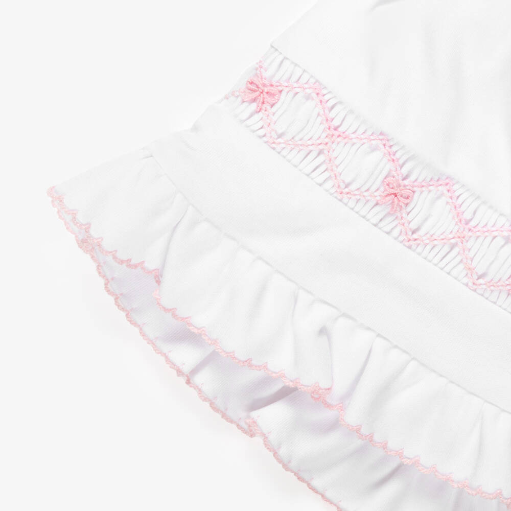 Kissy Kissy-Girls White Smocked Pima Cotton Bonnet with Pink Embroidery | Childrensalon
