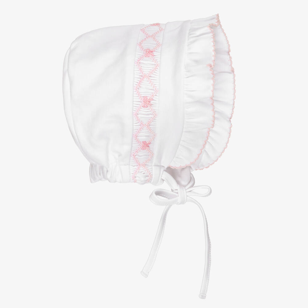 Kissy Kissy-Girls White Smocked Pima Cotton Bonnet with Pink Embroidery | Childrensalon