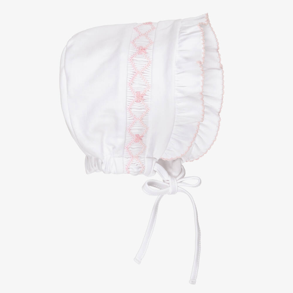 Kissy Kissy-Girls White Smocked Pima Cotton Bonnet with Pink Embroidery | Childrensalon