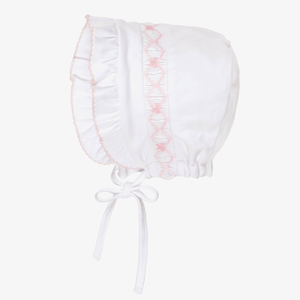 Kissy Kissy-Girls White Smocked Pima Cotton Bonnet with Pink Embroidery | Childrensalon