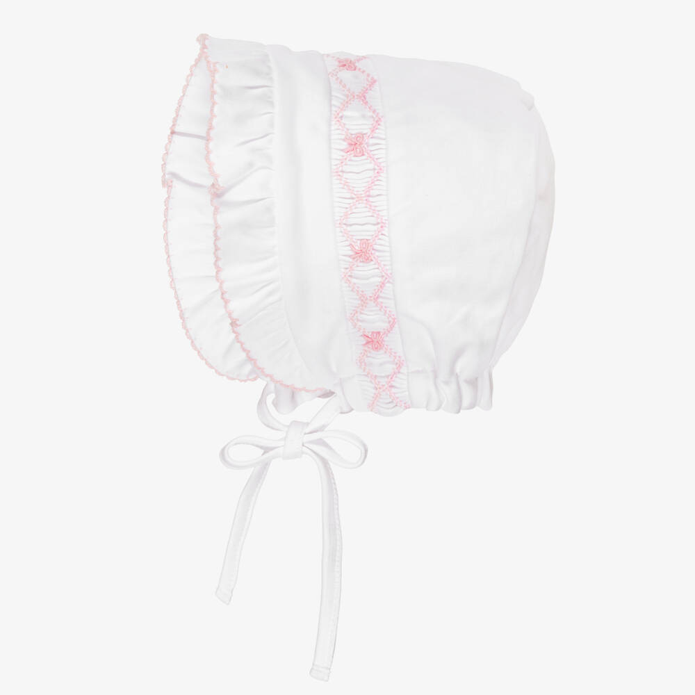 Kissy Kissy-Girls White Smocked Pima Cotton Bonnet with Pink Embroidery | Childrensalon