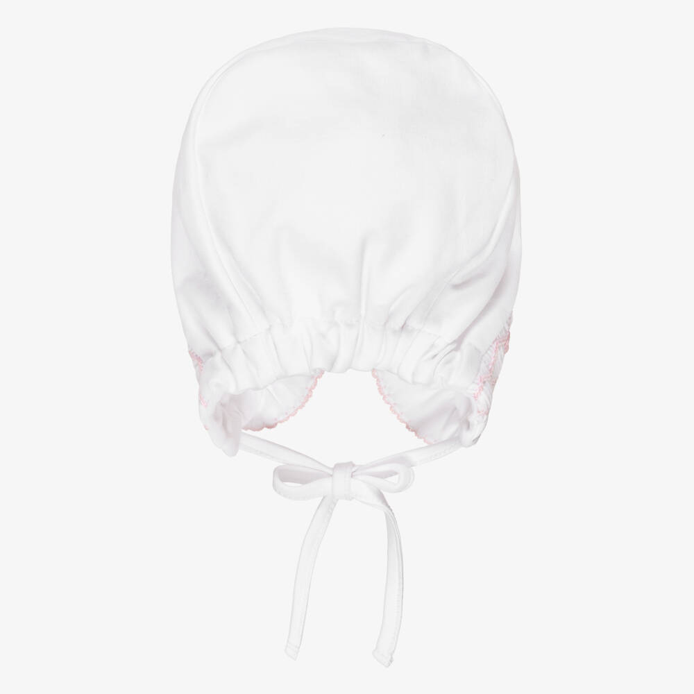 Kissy Kissy-Girls White Smocked Pima Cotton Bonnet with Pink Embroidery | Childrensalon